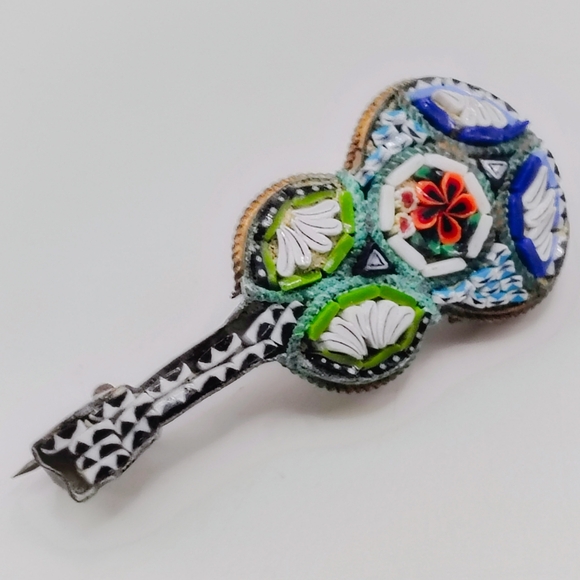 Antique Italian Inlaid Micro Mosaic Colorful Guitar Brooch Pin - Picture 3 of 7